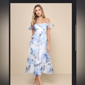 Lulus Sweet Composure White Floral Organza Off-the-Shoulder Midi Dress